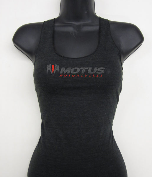 Ladies Racerback Tank Top with distressed Motus logo. Made in the US.